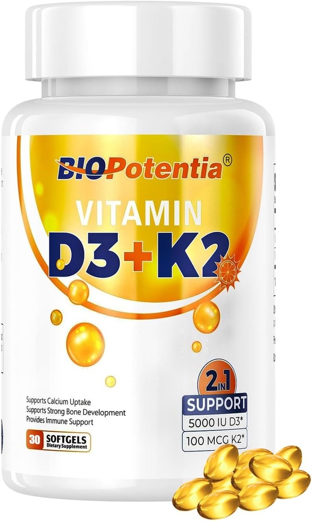 Vitamin D3 K2 mit MCT-Ölzusatz, Vitamin D3 5000 IU & K2 100MCG (MK7), unterstützt Immun-, Knochen- und Zähnegesundheit - Glutenfreies Non-GMO - 30 Softgels