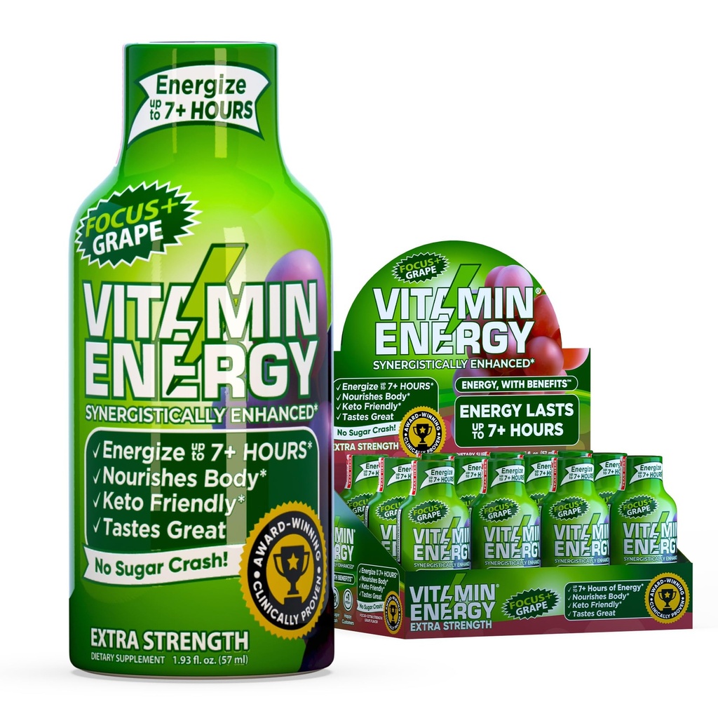 Vitamin Energy Focus+ Extra Strength Energy Shot Grape 12 Pack, 260mg Natürliche Koffein, B-Vitamine, CoQ10, Aminosäuren, Fokus, Produktivität & Clarity, Zero Sugar, Glutenfrei, 1,93 fl oz