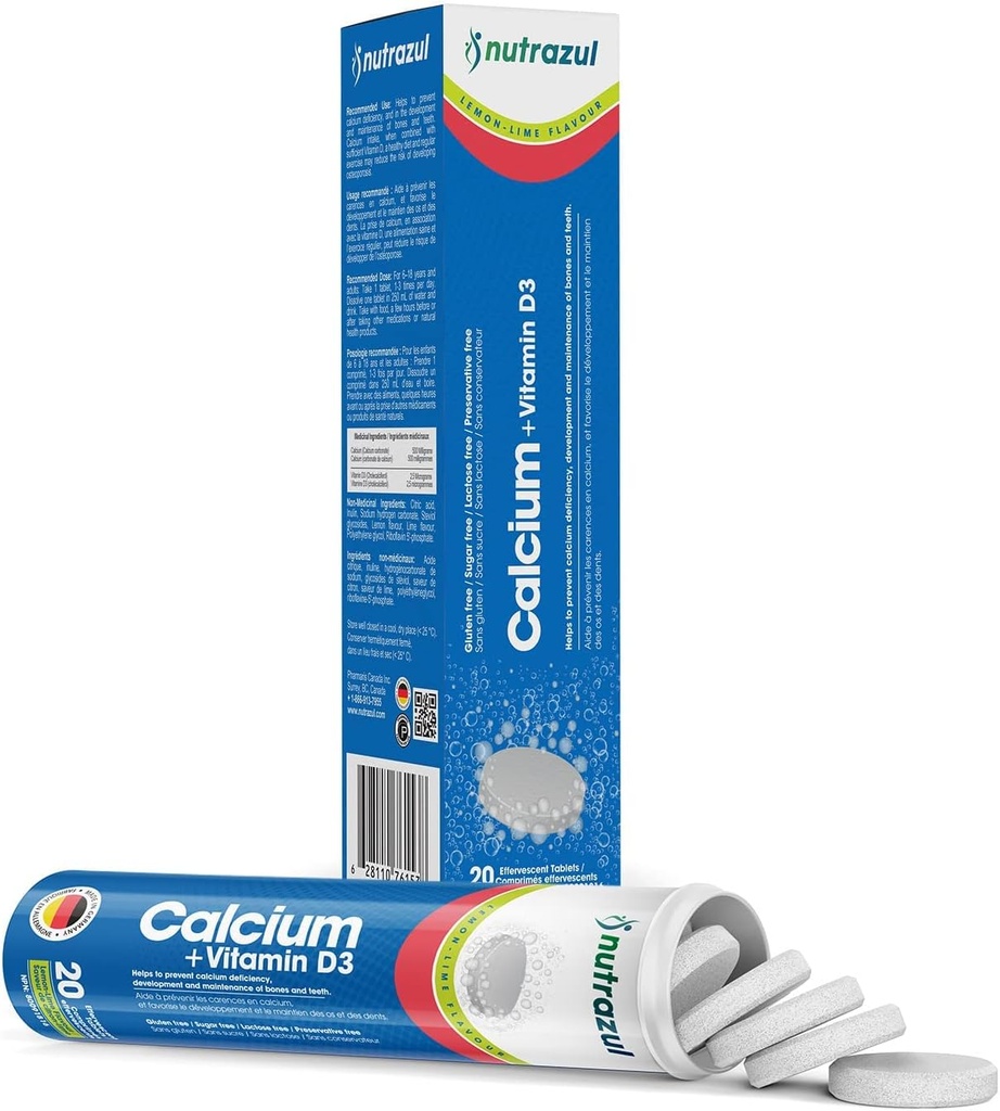 nutrazul Calcium + Vitamin D3 Effervescent Tablets | 20 Tablets | Unterstützt Knochengesundheit und Wartung | für Erwachsene & Kinder | Lemon-Lime Flavor