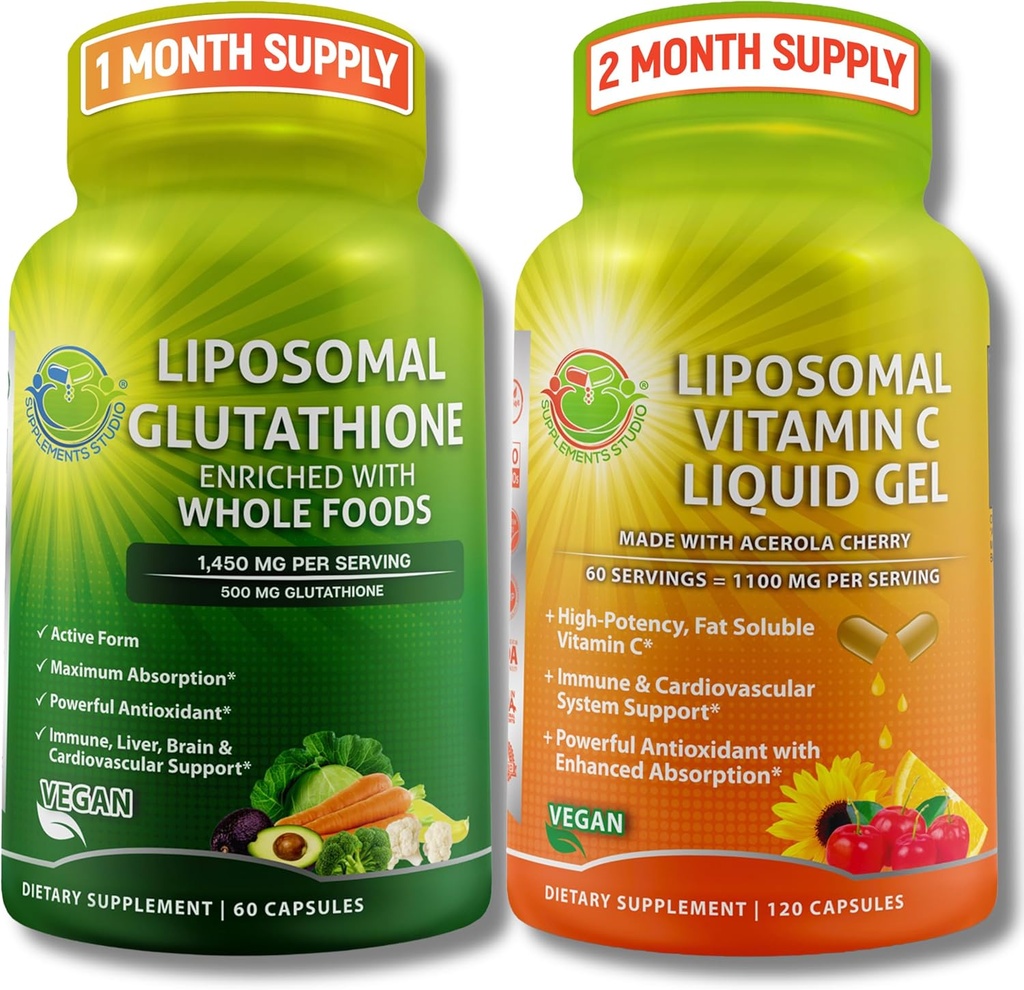 SUPPLEMENTS STUDIO Antioxidans, Cellular & Immune Support Bundle – Liposomal Glutathione 500mg mit Bio Vollnahrung + Liposomales Vitamin C 1100mg mit Bio Acerola Kirsche