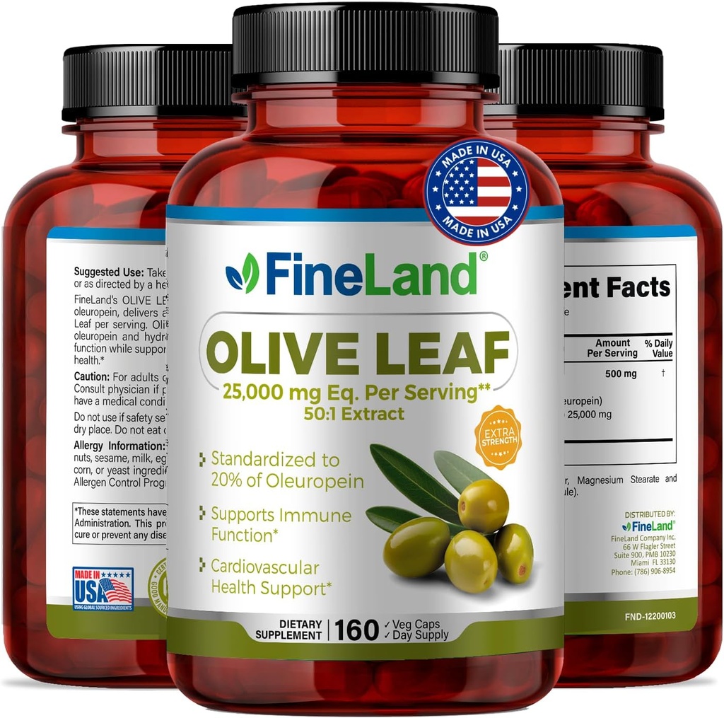 FineLand Olive Leaf Extract 50x – 25.000mg Eq. per Servieren | 160 Vegan Caps, Olive Extract mit 20% Oleuropein | Kräuterantioxidante Ergänzung für Kreislauf- und Immununterstützung, Made in USA