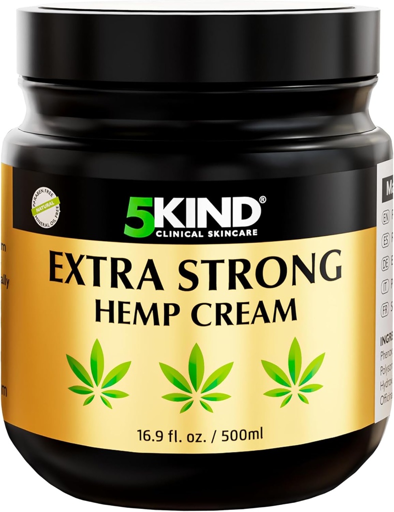 5kind extra starke Hanfcreme 16.9 fl oz- Maximale Stärke - Natürliches beruhigendes Relief - Muskel-Reib für untere Rücken, Gelenke, Hals, Knie und Schultern - maximale Stärke Hanfcreme