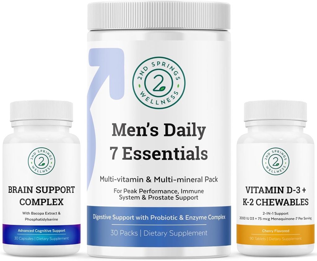 Ensemble de vitalité pour la santé des hommes : Complexe de soutien du cerveau, Essentiels du quotidien 7 hommes et vitamine D3 + K2