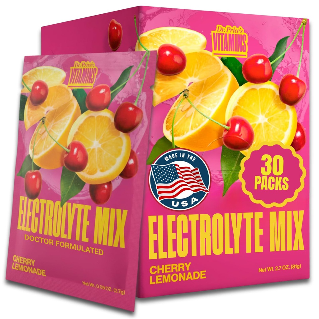 Dr. Price=S Mélange d'électrolytes= Poudre d'hydratation sans sucre avec 72 minéraux traces= Pas de sucre, poudres d'électrolytes à dissolution rapide=Limonade de cerise (30 paquets)