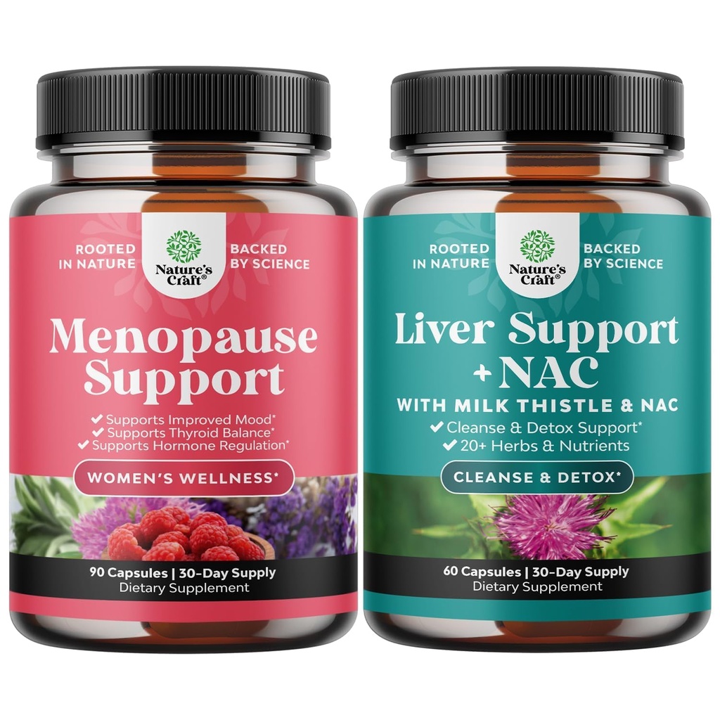 Ensemble de complément à la ménopause pour les femmes avec Dong Quai, Vitex Chaste Berry & Black Cohosh et soutien du foie Supplément NAC avec chardon de lait, Artichaut, Choline & Beetroot pour désintoxication et réparation