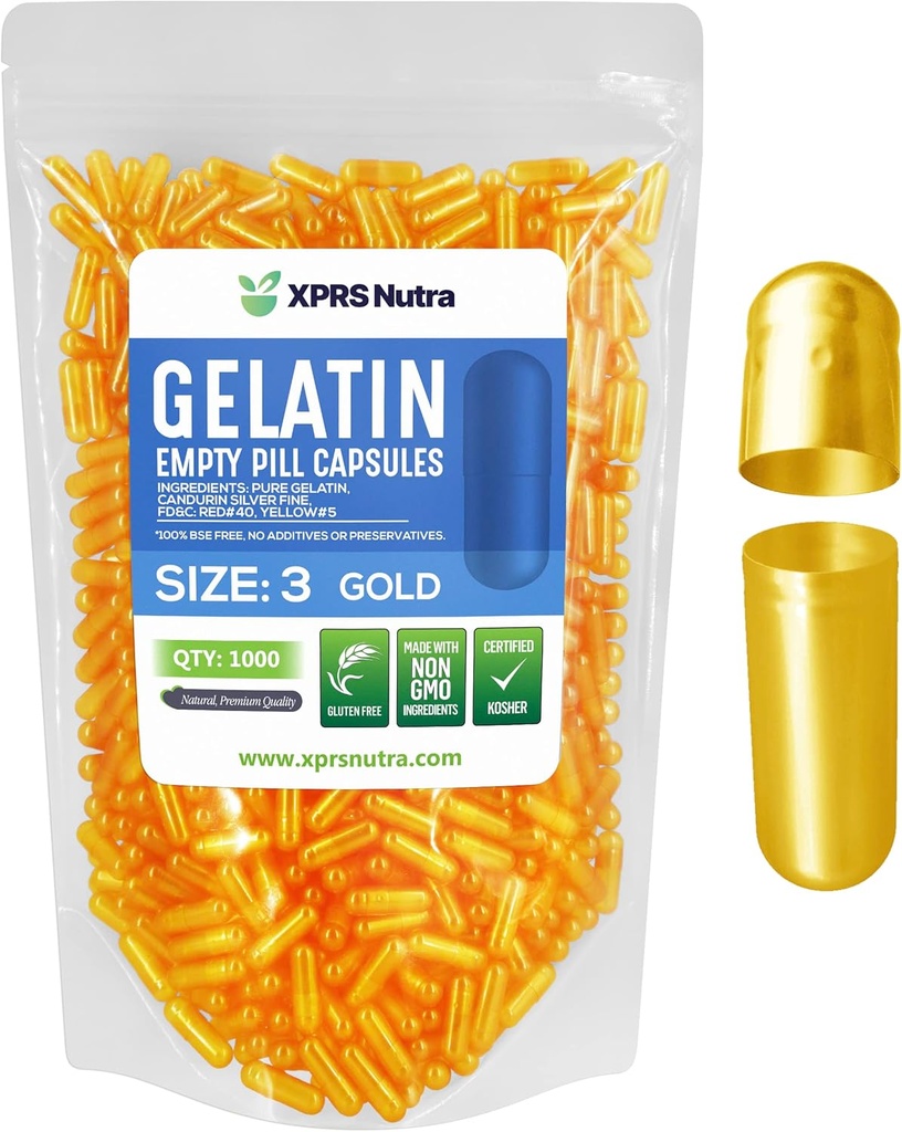 XPRS Nutra Größe 3 Leere Kapseln - 1000 Graf Leere Gelatine Kapseln - Pillen DIY Kapsel Füllung - Fillable Pure Bovine Pill Gel Kapseln für Do-It-Yourself Ergänzungen (Gold)