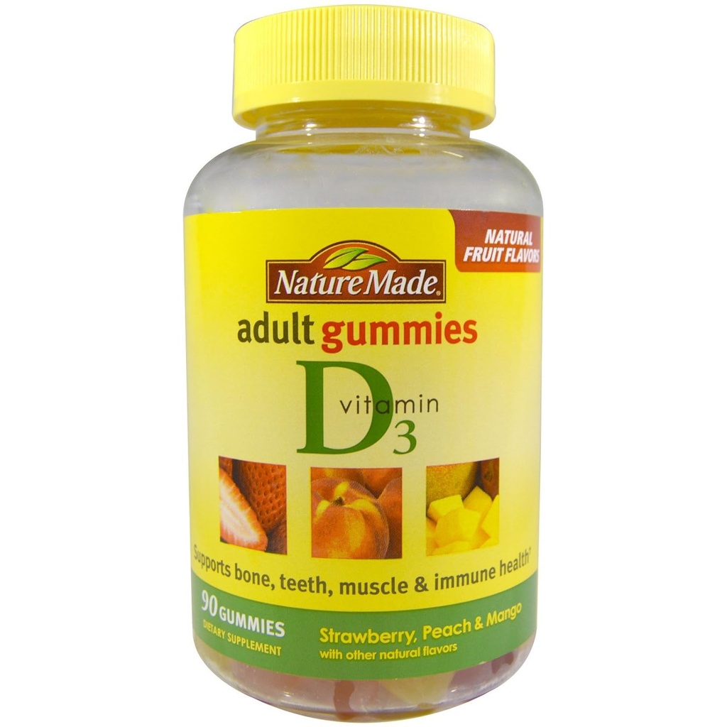 Nature faite de vitamine D 3 Gommies adultes Fraise - Pêche et mangue, 90 Gommies, 3 Nombre