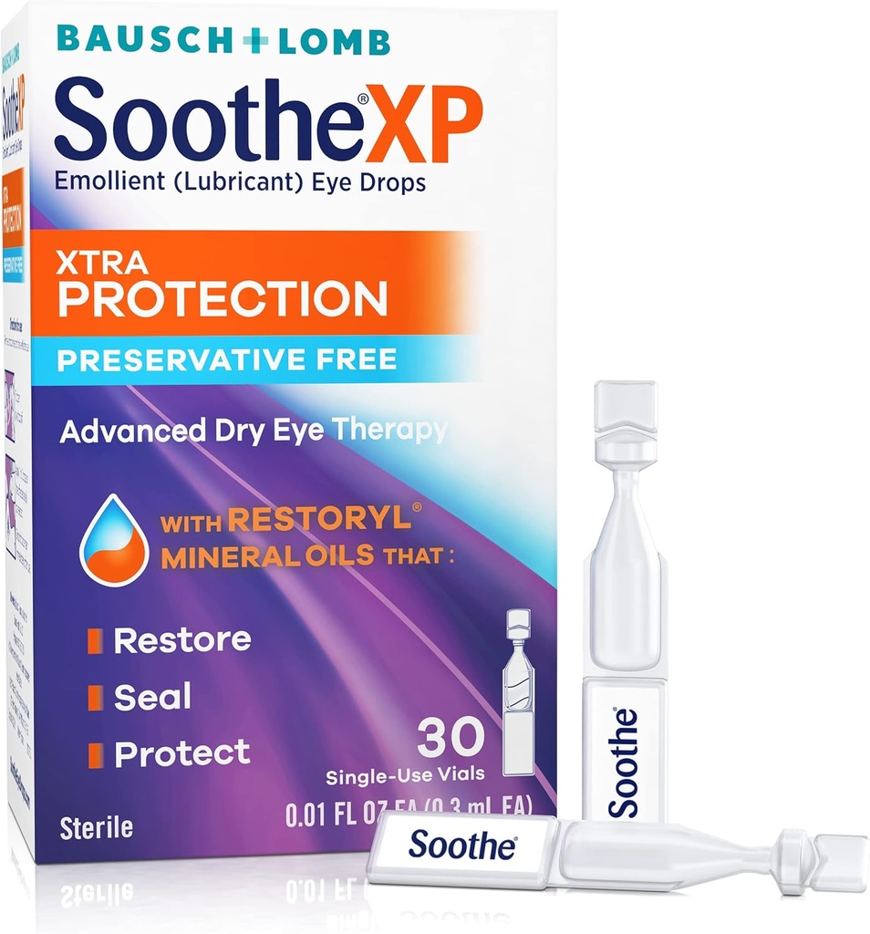 Soothe XP Konservierungsfreie Augentropfen, Xtra-Schutz Schmierung Augentropfen für trockene Augen, lindert Irritation und schützt vor Tränenverlust, Advanced Dry Eye Therapy, Single Use Vials, 30 Count