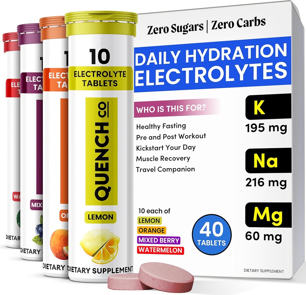 Quench Elektrolyt Tablets 40 Count Instant Hydration, Elektrolyte, Fasten Elektrolyte Kein Zucker für optimale Hydration Unterstützung Nicht Pulver - Wassermelone, Orange, Mischbeere, Zitronenflavors