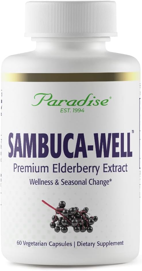 Herbes paradisiaques Sambuca-Well, Sambucas Nigra, Extrait Européen d'Aîné 50:1, Super Potent, Ultra Pure, Vegan, Non OGM, Sans gluten, 60 Capsules végétariennes