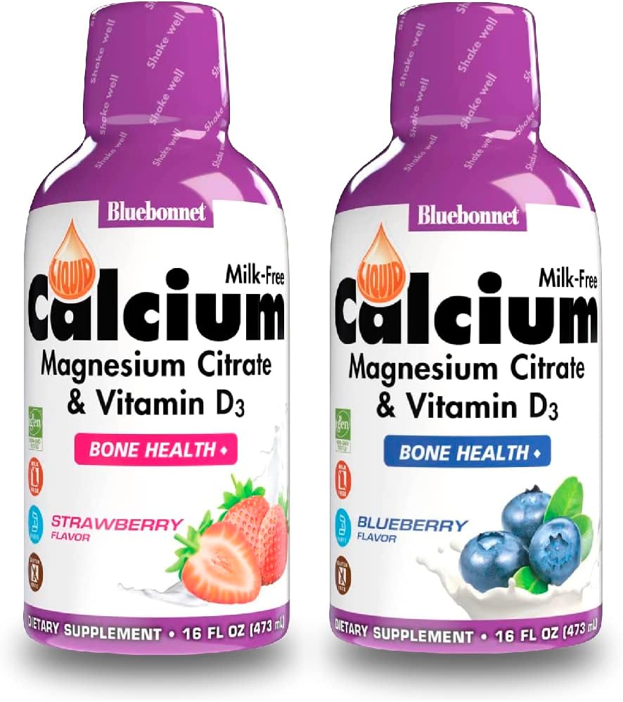 Bluebonnet Nutrition Liquid Calcium Citrat Magnesium Citrat, Vitamin D3- Bundle Blueberry Flavor und Strawberry Flavor, 2 Flasche 16 Fl Oz Jeder (32 Fl Oz Gesamt)