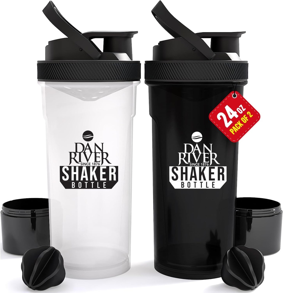 DAN RIVER 2-Pack Shaker Bottle | 24oz Plastic Protein Shaker & Mixer | Twist & Lock Design für Smoothies & Protein Mixes | Durable, Leak-Proof, Easy to Clean | Clear & Black Shaker Bottles for Gym