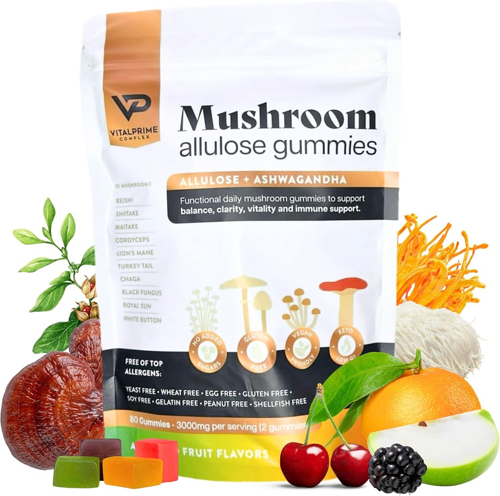 Supplément sans sucre Ashwagandha & Champignons Gummées Résumé 10 Champignons fonctionnels par Servage Résumé Immunissance, Focus, Énergie, Vegan, Keto, Faible Carb, Allulose Sweetener 80 Gummées, Saveurs naturelles