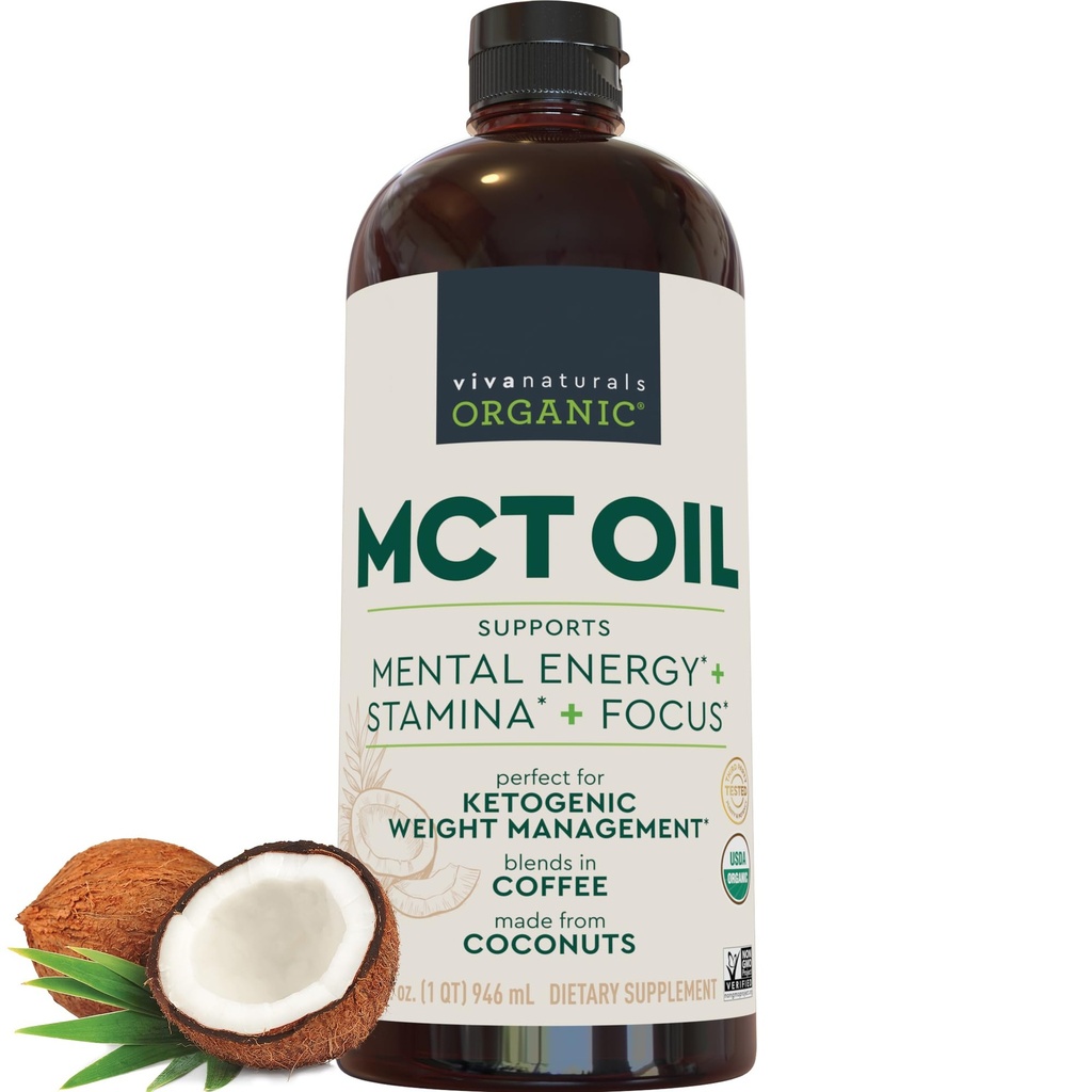 Viva Naturals Organic MCT Öl, 32 fl oz – MCT-Öl für Kaffee, USDA Organic, Non-GMO, Paleo Certified & Keto Friendly, Unterstützt Energie und Psychische Klarheit