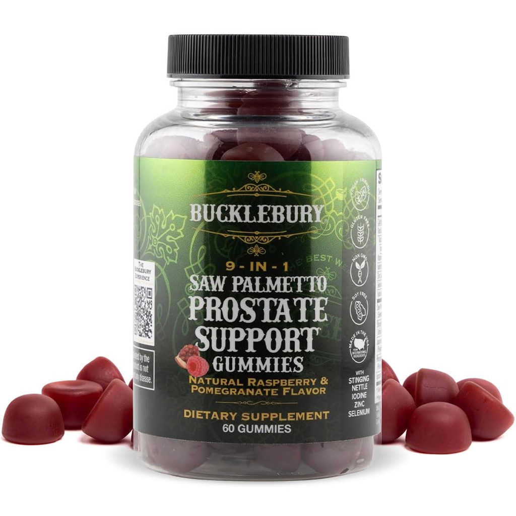 BUCKLEBURY 9-in-1 Natürliche Saw Palmetto Gummis mit Himbeere & Granatapfel - Pflanzenbasierte Prostata-Supplements für Herren Blasen Gesundheit, Haarwachstum & Urinär-Support - 60 Gummis
