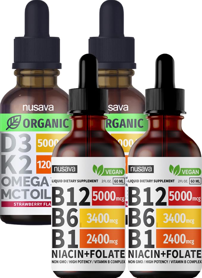NUSAVA Vitamin B12 Flüssigkeitstropfen und Erdbeeren Flavored D3 K2 Bundle - Potente flüssige Vitamine für Herz, Gelenk, Energie und Immununterstützung - Non-GMO, Gluten-Free, 2pk Jeder