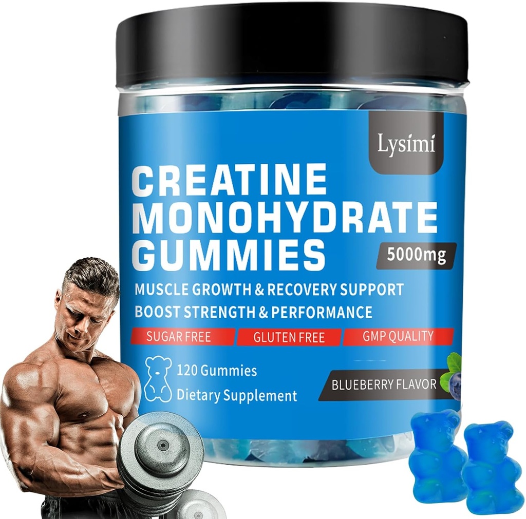 Kreatin Monohydrat-Gummien - 5g Kreatin Monohydrat pro Servieren- Erhöhen Sie Stärke und bauen Muskel, Zuckerfrei, Vegan, Blueberry Flavor, Jede Flasche/120 Kapseln, für Männer und Frauen (1)