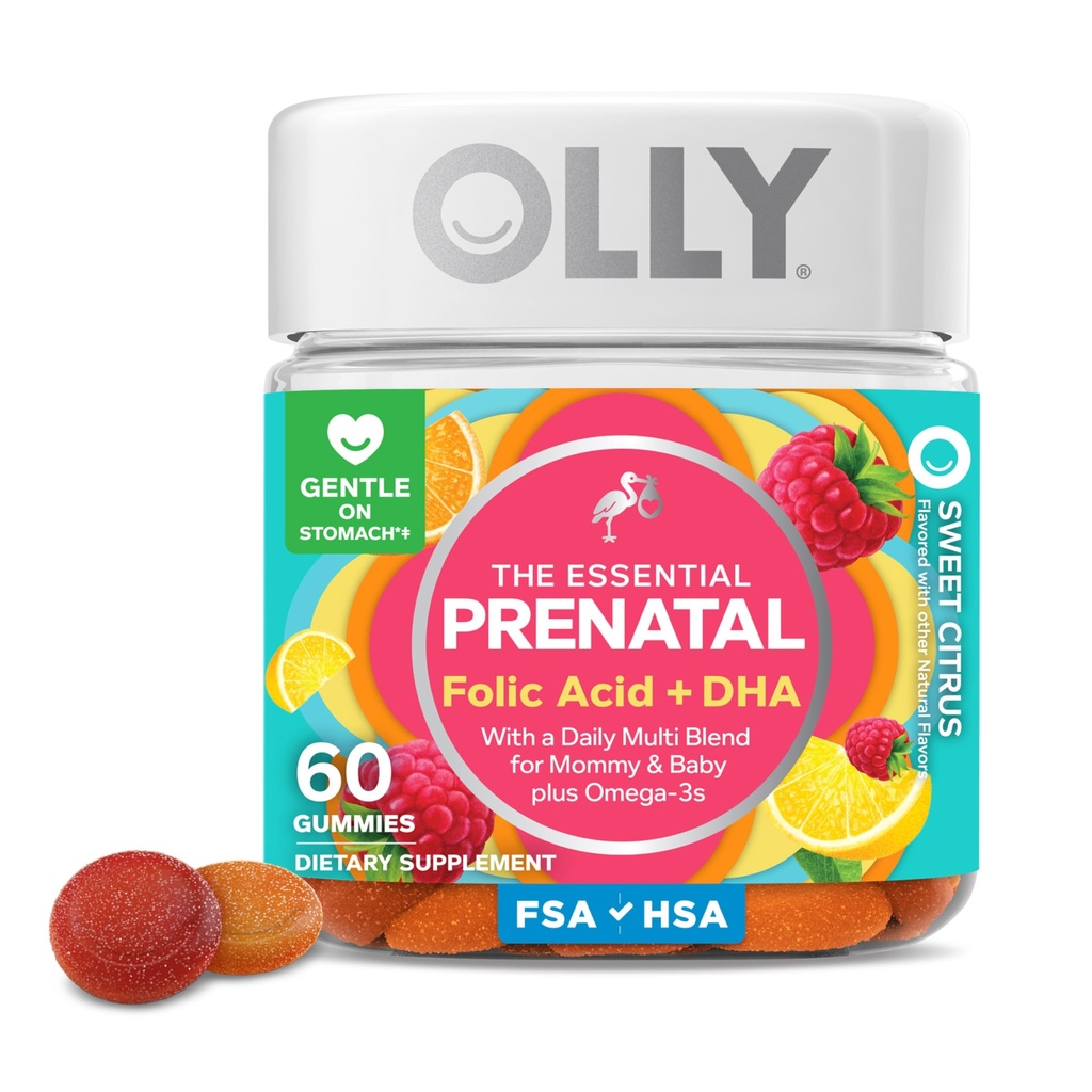 Gummy de multivitamines prénatales, soutient la croissance saine et le développement du cerveau, acide folique, vitamine D, oméga 3 DHA, supplément à croquer, agrumes Berry Flavor, 30 jours d'approvisionnement - 60 Nombre
