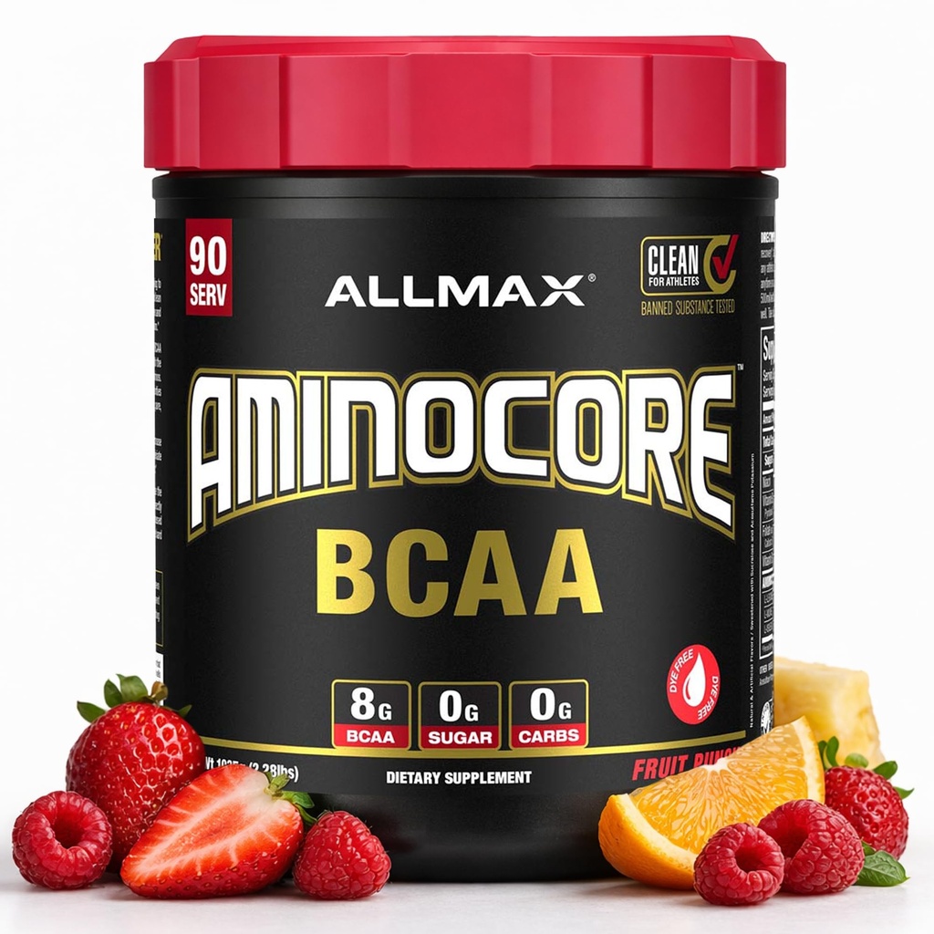 ALLMAX Nutrition AMINOCORE BCAA, Fruit Punch - 945 g Pulver - 8.18 Gramm verzweigte Ketten Aminsäuren pro Servierung - mit B Vitaminen - keine Füllstoffe oder nicht-BCAA Aminos - Zuckerfrei - 90 Servierungen