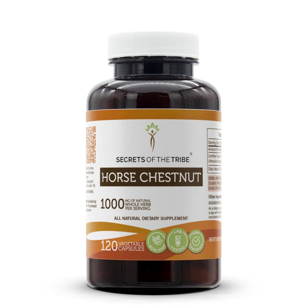 Secrets de la Tribe Horse Chestnut 120 Capsules, 1000 mg, Fabriqué avec la Châtaigne de Cheval Bio (Aesculus hippocastanum) Noix séchée (120 Capsules)