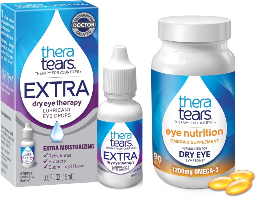 TheraTears 1200mg Omega 3 Supplement für Augenernährung, organic Flaxseed Triglycerid Fischöl & VIT E,90 Count Eye Drops, Extra Dry Eye Therapy,15 mL,0.5 Fl oz