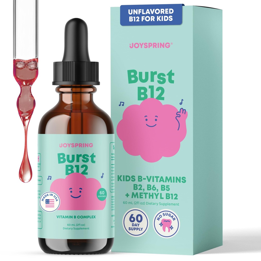 JoySpring Burst B12 Tropfen - Vitamin B-Komplex für Kinder (2 fl oz) B2, B6, B5 + Methylcobalamin B12 Kinderzusatz für gesundes Wachstum und Entwicklung, Vegan B12, Alter 2-16+ | 60 Servierungen