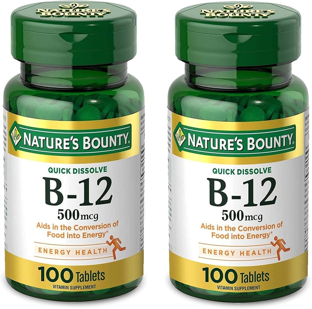 Nature's Bounty Vitamin B12, unterstützt Energie Stoffwechsel und Nervous System Gesundheit, 500mcg, Tabletten, 100 Ct (Pack von 2)