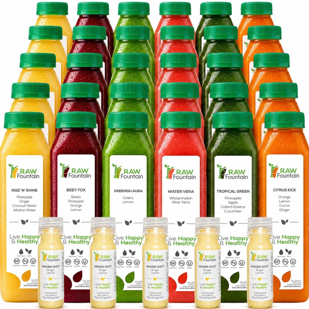 5 Day Juice Cleanse by Raw Fountain, Tropical Flavors, All Natural Raw, Cold Pressed Fruit and Vegetable Juices, Detox Cleanse, 30 Flaschen 12oz, 5 Bonus Ginger Shots