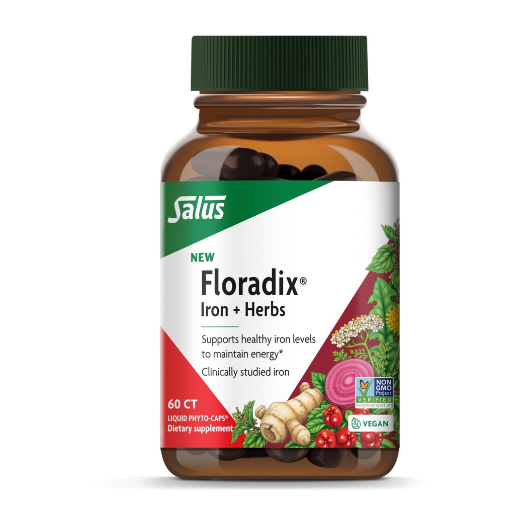Floradix Iron + Kräuter - Eisen-Ergänzung für gesunde Energie-Support* - Unterstützt die Bildung von roten Blutkörperchen - Vegan, Non-GMO, Glutenfrei, Sojafrei - 60 flüssige Phyto-Kaps