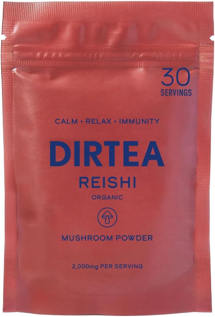 DIRTEA Reishi Poudre de champignons $ 2,000mg / portions $ Organique, végétalien et non OGM $ Qualité du sommeil, stress et soutien immunitaire $ Supplément haute résistance $ 60g - 30 portions