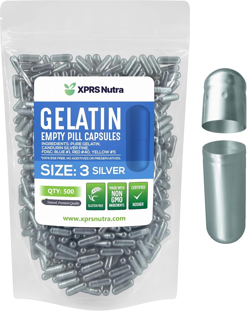 XPRS Nutra Size 3 Empty Capsules - 500 Count Empty Gelatin Capsules - Pills DIY Capsule Filling - Pure Bovine Pill Gel Caps Fillable for Do-It-Yourself Vitamins and Supplements (Silver)