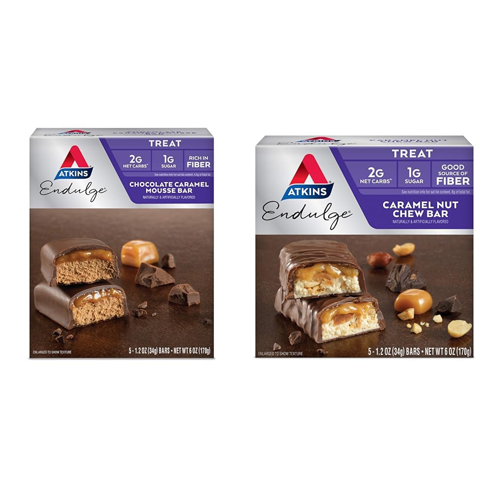 Atkins Endulge Chocolate Caramel Mousse Bar 5 Count und Caramel Nut Chew Bar 5 Count Bundle