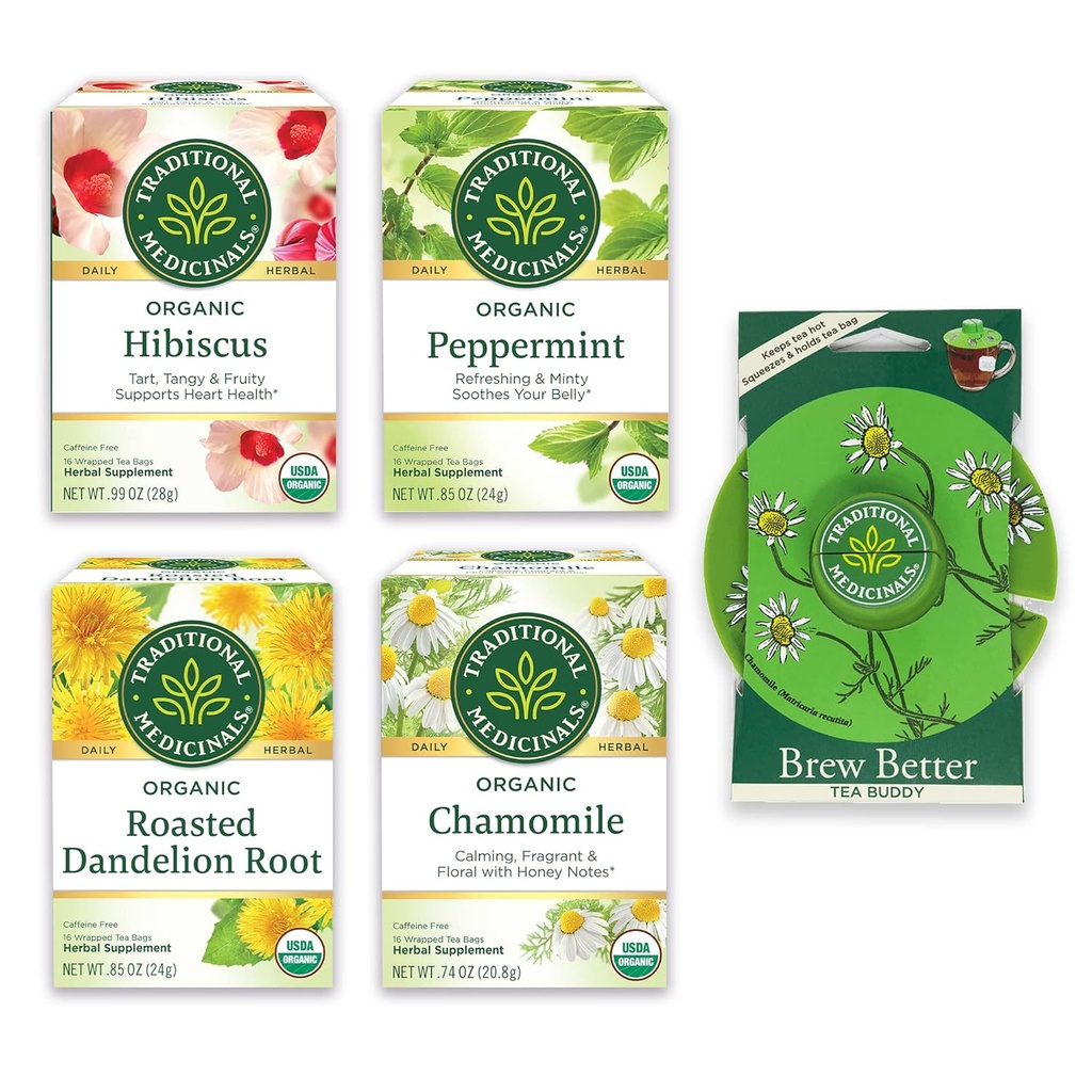 Traditionelle Medicinals, Bio-Sorten-Pack für Wellness in vier beruhigenden Aromen, Inklusive Pfefferminz, Kamille, Hibiscus, Gerösteter Dandelion Root, Tea Buddy, 64 Teebeutel, (4 Pack)