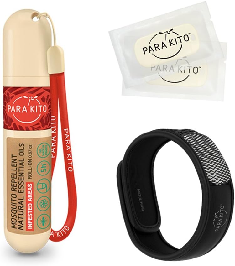 PARA'KITO Moskito Repellent Bundle, 1 Moskito Repellent Armband, 1 Roll-on Gel, Bug Repellent Armbänder, Tragbare Moskito Repellent Geräte, Schwarz