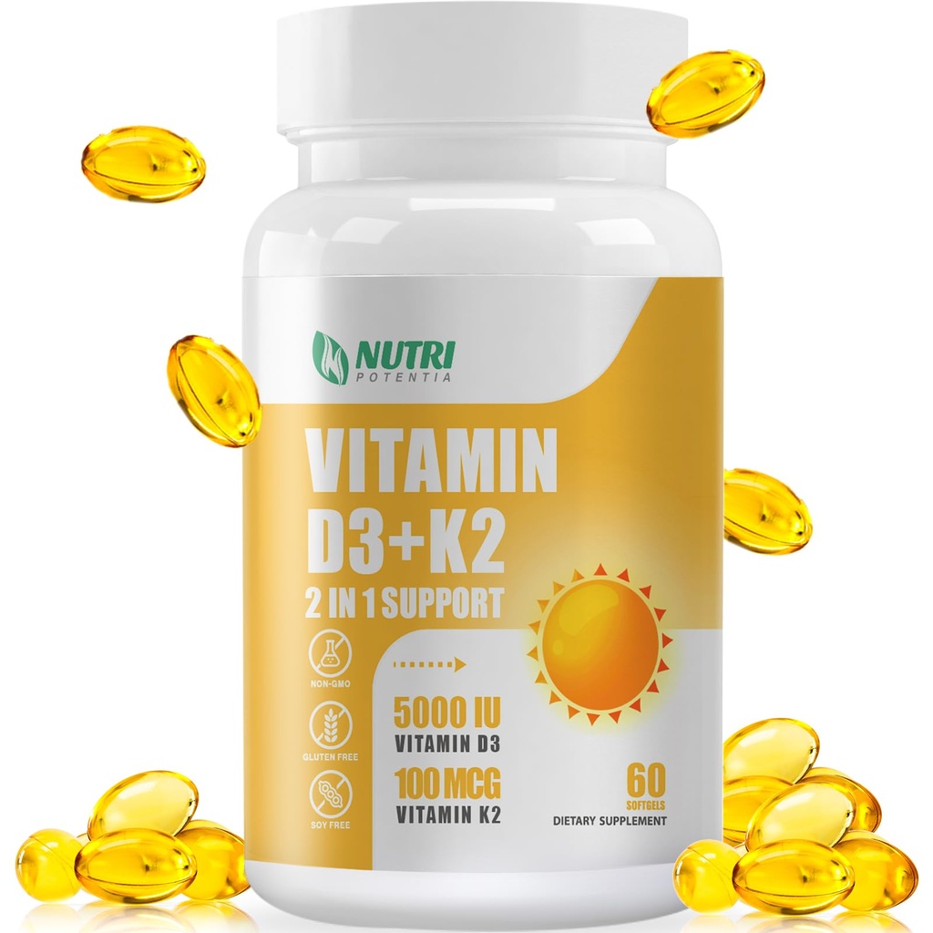 Vitamin D3 K2 mit MCT Öl, Vitamin D3 5000 IU und K2 100mcg, Formel 2 in 1 für Knochen und Herzgesundheit, Glutenfrei - 60 Count Softgels