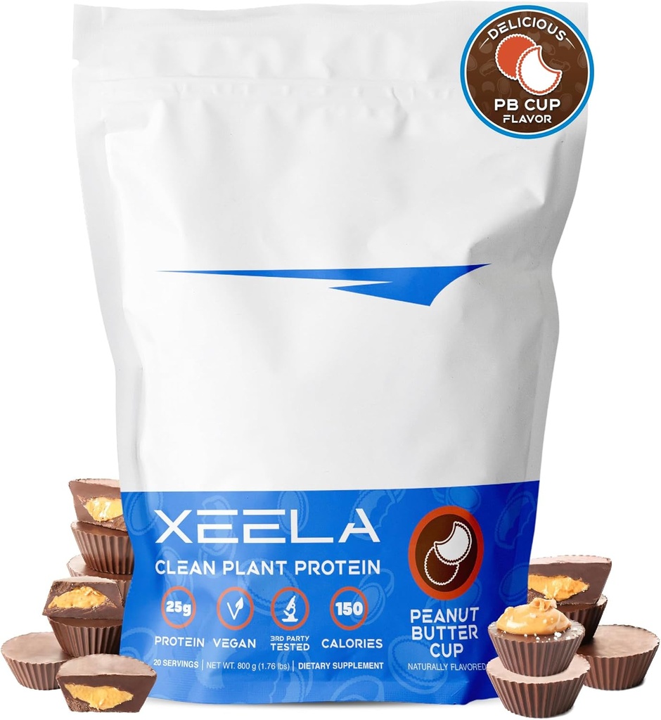 Poudre de protéines végétales à base de plantes XEELA - Testé indépendamment - 25g de protéines élevées, de pois pour les hommes et les femmes - Vitamines et minéraux, non OGM, sans produits laitiers et sans gluten, faible teneur en glucides et faible teneur en gras (coupe au beurre de peanut)