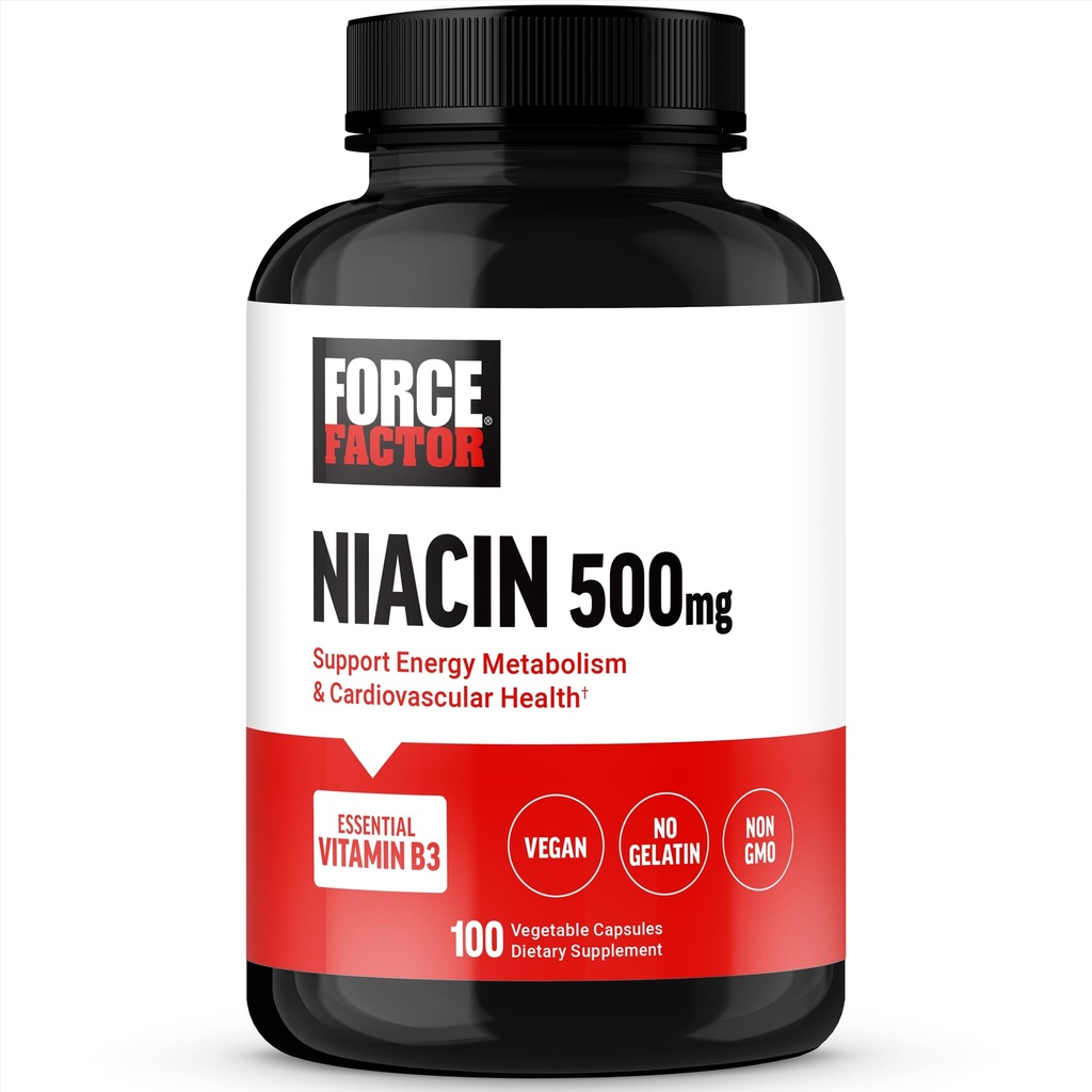 FORCE FACTOR Niacin Vitamin B3 zur Unterstützung von Zellulärer Energie und Herz-Kreislauf-Gesundheit, Niacin 500mg Herz-Gesundheits-Ergänzung, Vegan, kein Gelatine, Nicht-GMO, 100 Gemüsekapseln