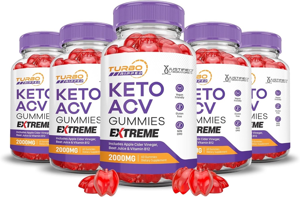(5 Pack) Turbo Ripped Keto ACV Gummies Extreme 2000MG Turbo Ripped Keto Gummies vinaigre de cidre de pomme formulé avec le jus de betterave grenade poudre B12 Vegan non OGM 300 Gummys