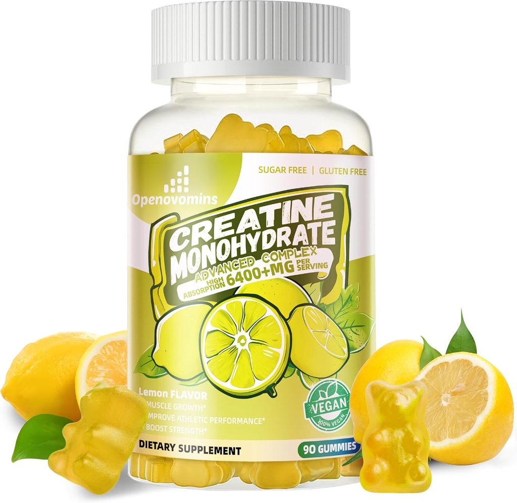 Creatine Monohydrate Gummies Complex für Männer und Frauen - Fortgeschrittene Formel W/L-Taurine + Vitamin B12, Sugar Free Chewable Supplement,90 Zitronengummis