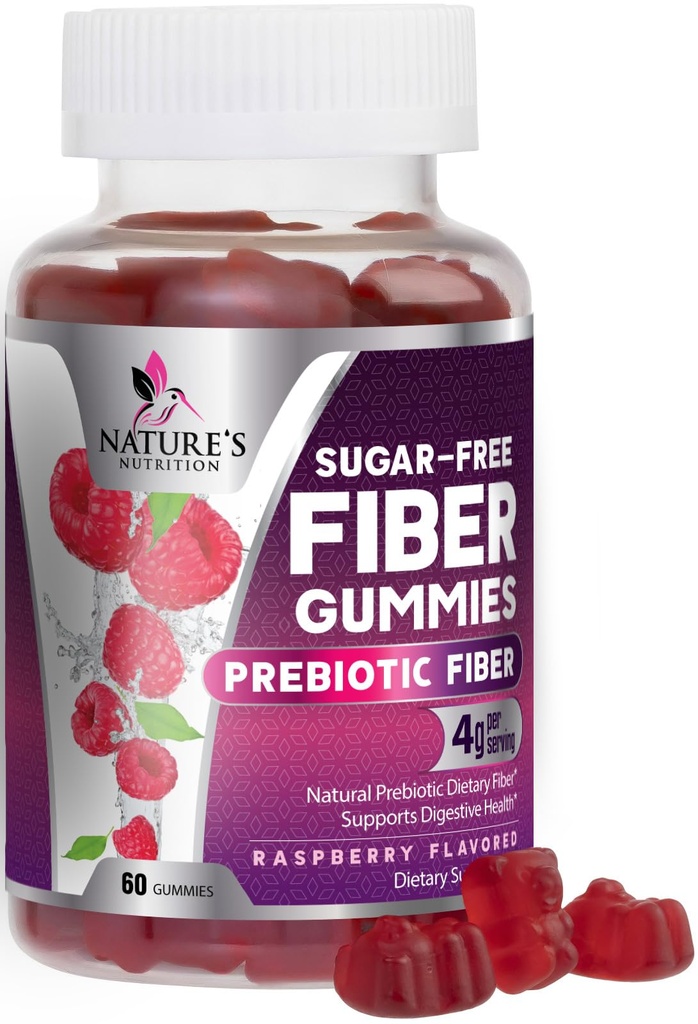 Prebiotic Fiber Gummies 4g - Sugar Free Gummy Fiber Supplement for Adult's Digestive Health & Regularity Support - Natural Raspberry Flavor, Plant Based Blend, Non-GMO & Gluten Free - 60 Gummis