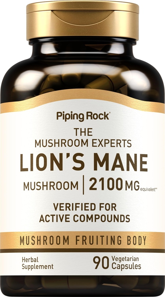 Piping Rock Lions Mane Supplement Kapseln | 2100mg | 90 Count | Pilz Fruchtkörper Extrakt für Männer und Frauen | Hericium Erinaceus | Vegetarisch, Non-GMO, Glutenfrei