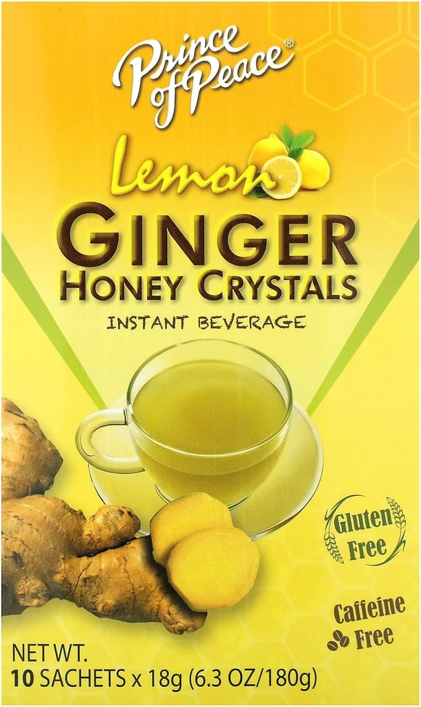 Prince of Peace Instant Natural Lemon Ginger Honey Crystals, 10 sachets – Boissons chaudes ou froides instantanées pour le soulagement des nausées et la gorge apaisante – Ginger facile à brasser et cristaux de miel
