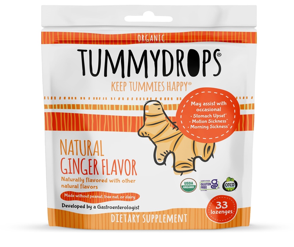 USDA Organic Natural Ginger Tummydrops, Gluten Free & Vegan, 33 Individuell Wrapped Drops in einer wiederverschließbaren Tasche