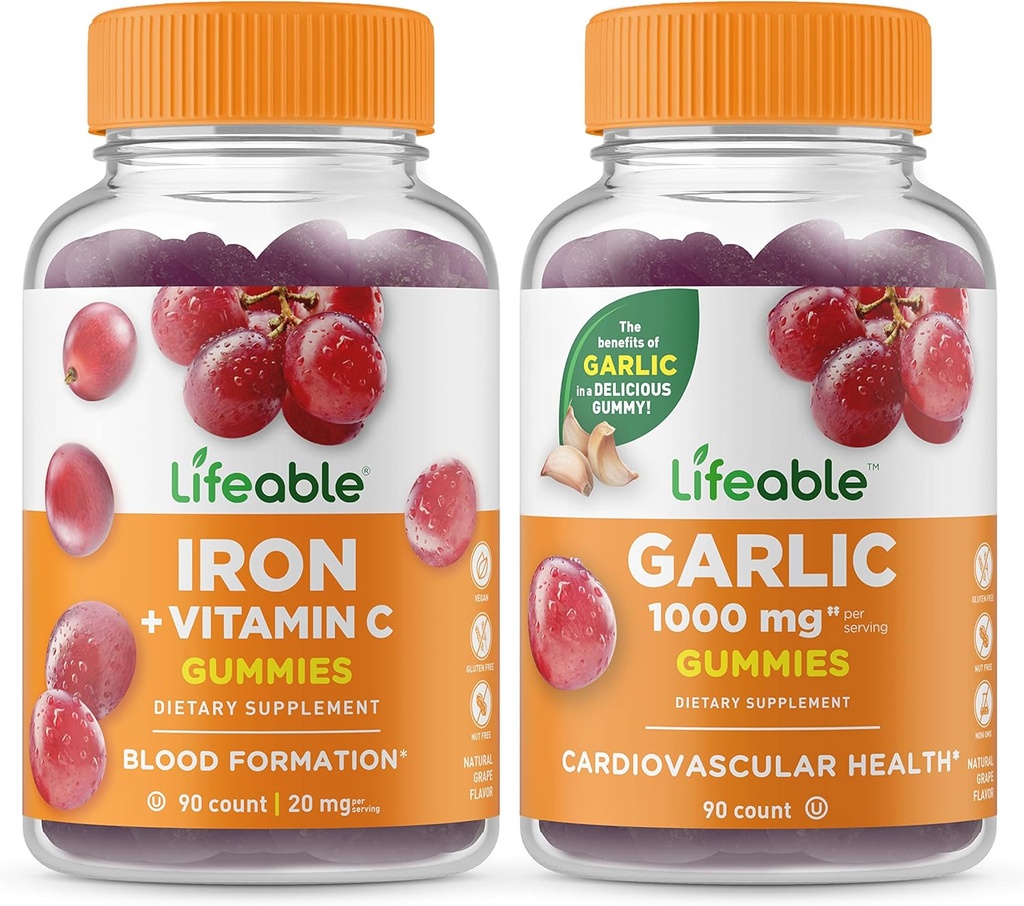 Lebensfähiges Eisen mit Vitamin C + Knoblauch 1000mg, Gummie Bundle - Große Verkostung, Vitamin-Ergänzung, Glutenfrei, GMO frei, Kaugummi
