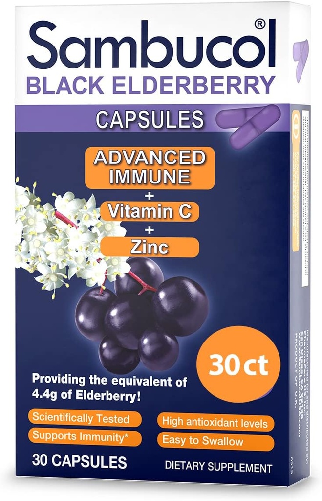 Sambucol Black Elderberry Kapseln - Fortgeschrittene Immune, Vitamin C und Zink, Elderberry Kapseln, Immununterstützungsergänzung, Schwarze Elderberry-Ergänzungen, Glutenfrei, Einfach zu Schlucken Kapseln - 30 Zähler