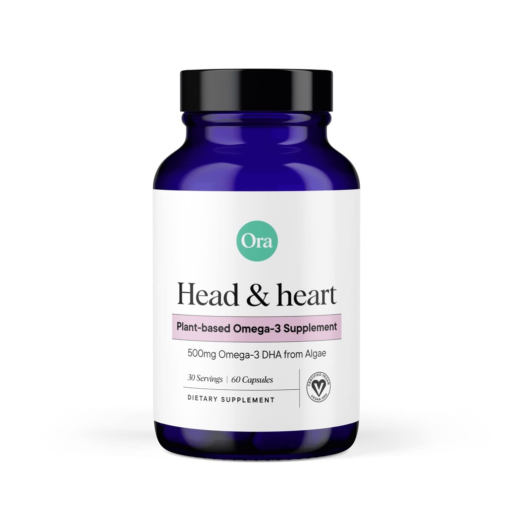 Ora Organic Vegan Omega 3 Supplément - 500mg DHA pour la santé du cerveau, des yeux et du coeur - Fabriqué à partir d'algues durables - 60 Capsules