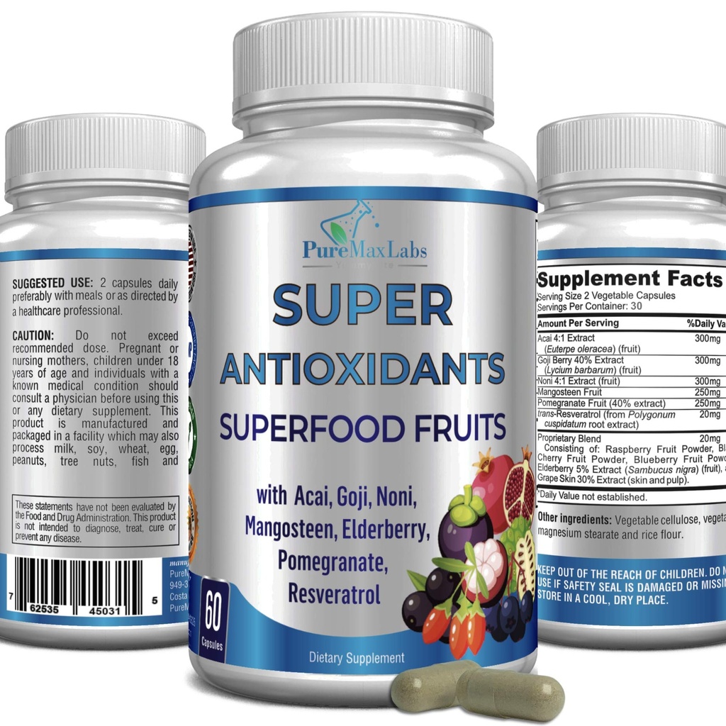 Super Antioxidant Fruit Superfood Complex - Leistungsstarke Antioxidante Superfruits, Acai, Goji, Noni, Mangosteen, Granatapfel, Elderberry, Resveratrol, Immununterstützung, Hautpflege - 60 Kapseln