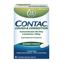 Contac Toux et congestion Commandes de résistance maximale Toux, Thins et Loosens Mucus, Guaifenesin et Dextrométhorphane HBr, Comprimés à libération prolongée, 21 Compte