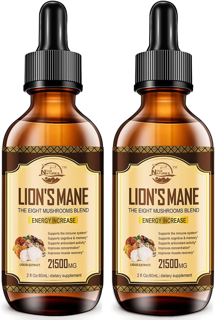 Nature's live Lions Mane Supplement, Liquid Mushroom Extract Drops, 8 Pilze Komplex für Immunsystem, Gedächtnis, Fokus Boost, Pilzergänzung mit Lion's Mane, Cordyceps, Reishi, Vegan, 2 Pack