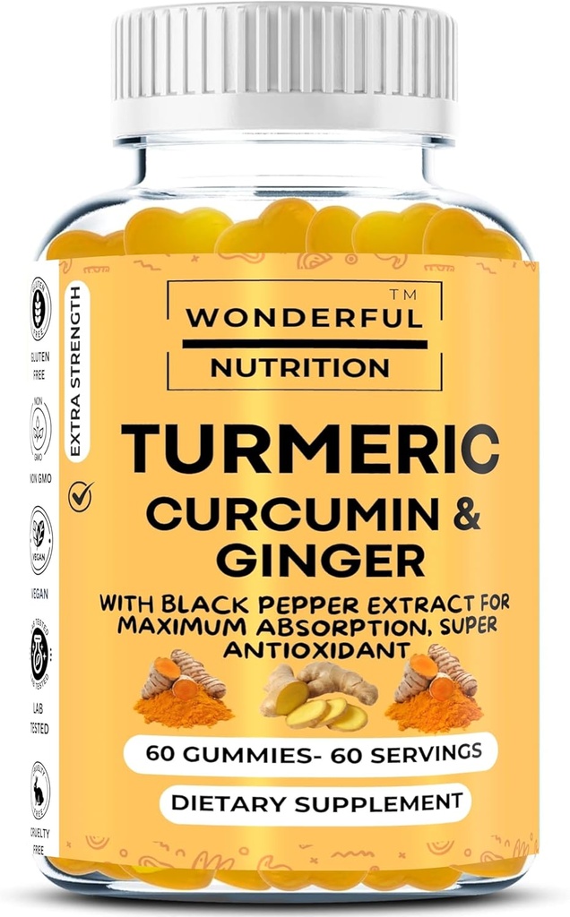 Erhöhen Sie Ihre Wellness-Reise Kurkuma, Curcumin und Ginger Gummies: Eine Superfood-Ergänzung angereichert mit schwarzem Pfeffer-Extrakt - 60 Gummis